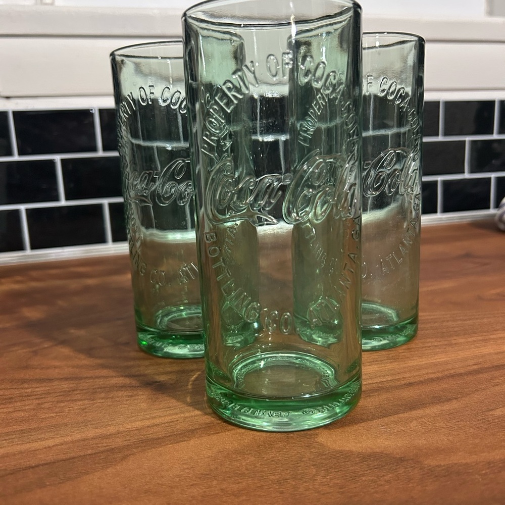Coca Cola Embossed Green Glass Trio